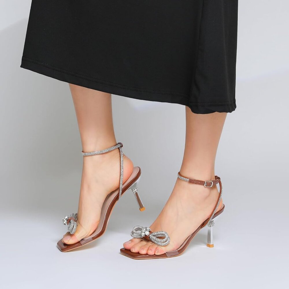 Women's Brown+bl Closed Toe Rhinestone Wedding Low Slingback Clear Kitten Heels - Picture 6 of 9